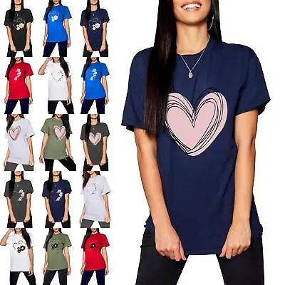 Women Graphic Love Heart Print Boyfriend Short Sleeve Slim Fit Pullover T Shirts • £3.49