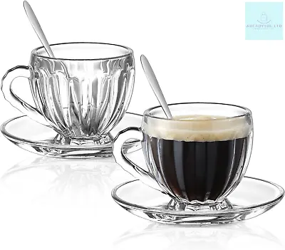 Joeyan 175ml Glass Espresso Cappuccino Cup And Saucer With Spoon Set Of 2 Tea • £24.31