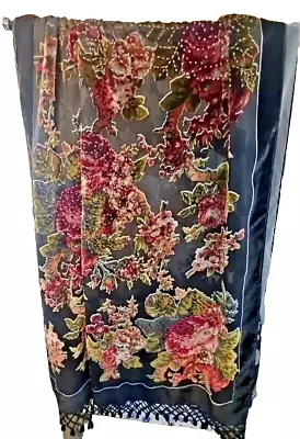 CCC Silk Rayon Crushed Velvet Top Beads Fringed Scarf Floral Shimmer 21x71In • $12.06