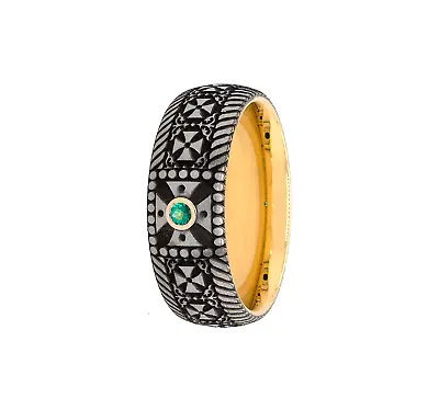 Tungsten Yellow Gold And Black Wedding Ring With Crosses And Green Emerald • $340