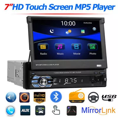 Single 1 Din 7  HD Touchscreen Flip Out Car Stereo Bluetooth Radio MP5 Player FM • $77.95