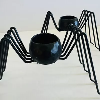 Set Of 2 Pottery Barn? Halloween Black Spider Tealight Candle Holders Metal Fun • $25