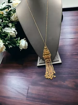 Vintage Unusual Necklace Citrine Glass  Crystal  Tassel Pendant Gold  Time 30” • $29.98