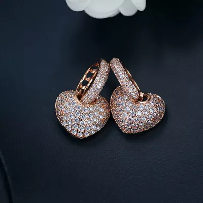 Chic 585 Rose Gold Plated Micro Pave Hollow CZ Dangle Heart Drop Hoop Earrings  • $9.42