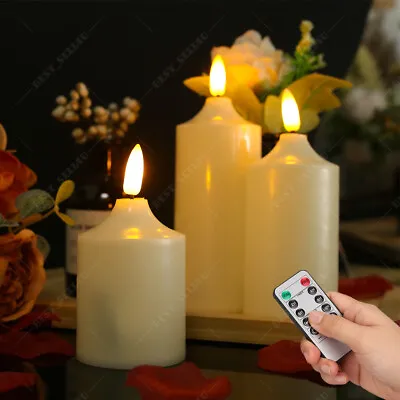 3x Flickering LED Pillar Candle Lights Battery Operated W/ Timer Remote Control • £8.89
