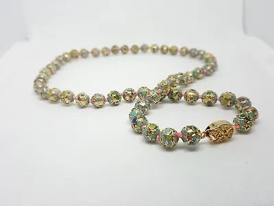 Gold Color Vintage Cloisonne Knott Bead Necklace With Lavendar And Green Floral • $30