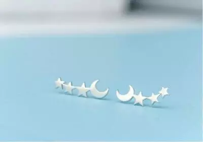 Unisex Silver Titanium S. Steel Punk Style Tiny Moon Stars Stud Earrings • $8.99