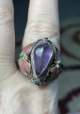 Unusual Vintage Sterling Amethyst  Enamel Ring. Sz 11 • $125