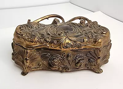 Antique Floral Art Nouveau Trinket Jewelry Box Bronze Casket Hollywood Regency • $69.97