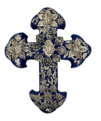 Mexican MILAGROS CROSS ExVotos Wood Cross LG  10” Blue Silver • $52.80