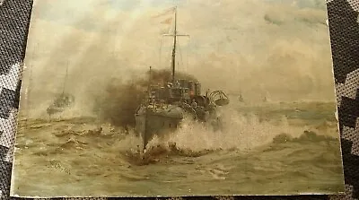 William L WYLLIE Large Vintage  Picture/Oleograph Torpedo Boat Print 18x12 Inc • £60