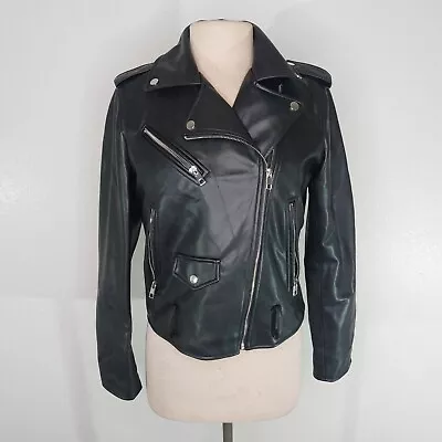 $34.95 • Buy Zara Motorcycle Jacket Womens Medium Faux Leather Black Collar Short Zip Pockets
