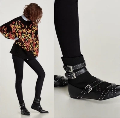 $25 • Buy Zara Vegan Buckled Studded Sock Ankle Boot