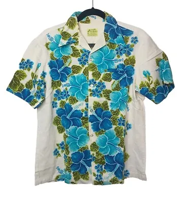 Vintage 60's Ui-Maikai Bark Cloth Hawaiian Button Up Shirt Blue Cream • $52.25
