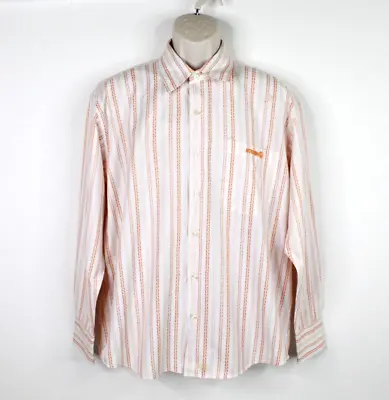 Vintage Moschino Jeans Button Up Shirt Mens Large L Orange Striped Peace Logo • $62.99