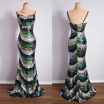 Black Green Long Formal Prom Pageant Sequin Evening Wedding Gown Dress S 4 • $129