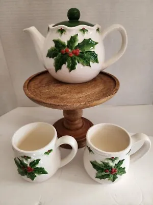 VTG Otagiri Teapot & 2 Cups Mary Ann Baker Christmas Holly Berries Hand Painted • $39.99