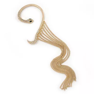 One Piece Gold Tone AB Crystal Snake Long Chain Hook Cuff Earring - 11cm Length • $14.65