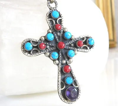 Huge Vintage Mexico Sterling Silver Turquoise Amethyst Cross Pendant Necklace • $103.55