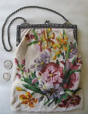 Antique Silver Frame Yellow Orange Pink Lavender Floral Micro Bead Lined Purse • $95