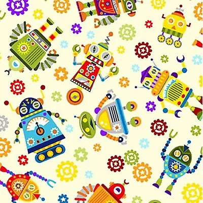 Paintbrush Studio Launch Party Robots On Cream 100% Cotton Woven Fabric-BTY • $16.99