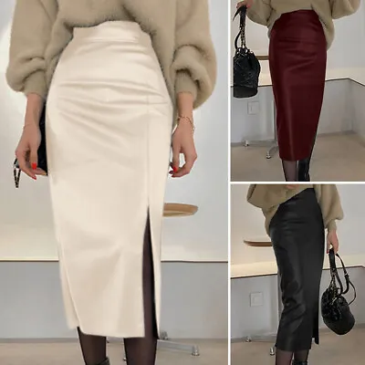 UK Womens Faux Leather Wet Look Midi Skirts Bodycon Pencil Slim Side Split Skirt • £14.24