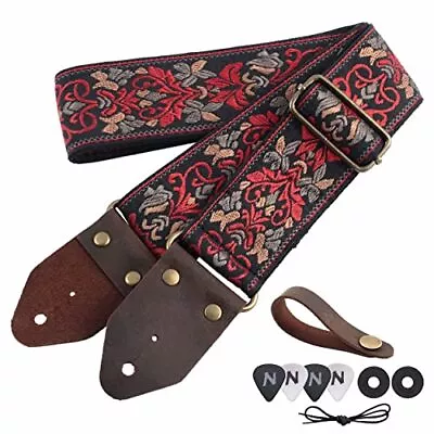 Guitar StrapJacquard Embroidery Cotton Guitar Straps With Crazy Horse Leathe... • $29.13