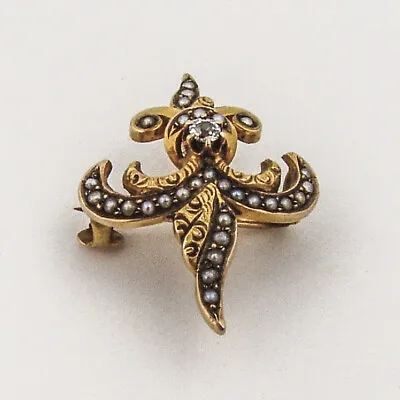 Antique Fleur De Lis Watch Brooch Pin 18K Gold Seed Pearls Diamond • $396