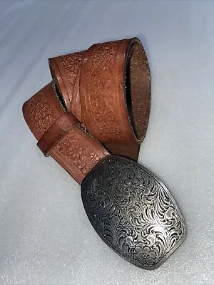 1994 Leather Embossed Brown Belt Silver  Oval Etched Pin Buckle Medium Western • $24.50