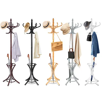 $49.90 • Buy Giantex Coat Rack 12 Hooks Wooden Stand Clothes Hat Bag Hanger W/Umbrella Holder