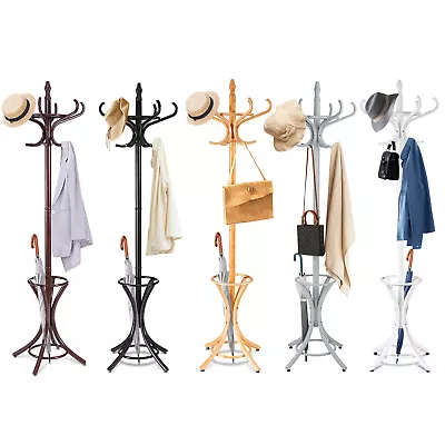 $49.90 • Buy Giantex Coat Rack 12 Hooks Wooden Stand Clothes Hat Bag Hanger W/Umbrella Holder