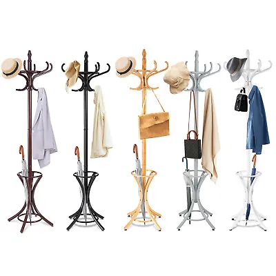 Giantex Coat Rack 12 Hooks Wooden Stand Clothes Hat Bag Hanger W/Umbrella Holder • $999