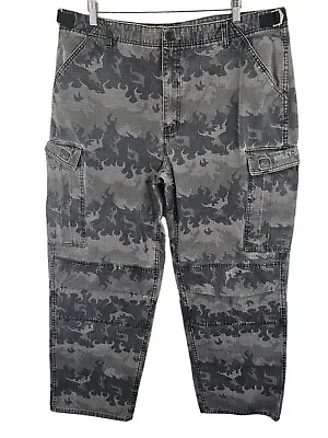 Vintage Harley Davidson Y2K Flame Camo Cargo Pants Gray Men's 40x32 Embroidered • $49.99