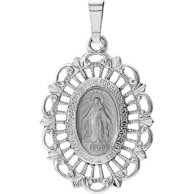 Miraculous Medal 14K White Gold 22 X 16mm Oval Filigree Framed Virgin Mary • $349.95