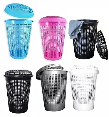 Plastic Large Round Laundry Basket Bin Linen Washing Storage Hamper With Lid 50L • £10.89