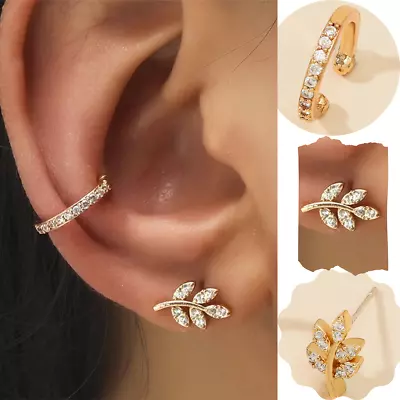 2pcs Set Leaf EAR CUFF Earrings Crystal Cartilage Ear Ring Fake Clip On Cuff • £3.29