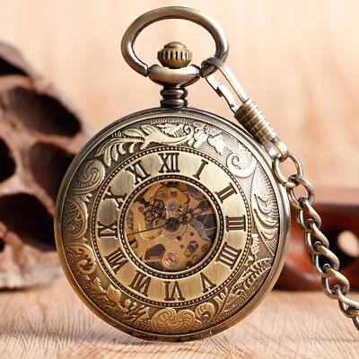 Vintage Style Hand Wind Mechanical Pocket Watch With Chain Fob Watches/Gift Box • £18.18