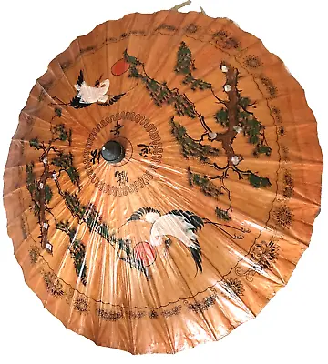 Vtg 80's Asian PARASOL UMBRELLA Paper & Bamboo Hand Painted BIRD LARGE DIAM. 37  • $55