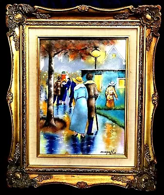 DOM MINGOLLA Crystal Enamel-on-Copper EVENING STREET SCENEFramed Signed17 X14” • $550