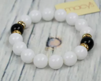 Ladies Beaded Stretch Bracelet White Black Crystal Jewelry 6  Gift Macy's  • $7.70