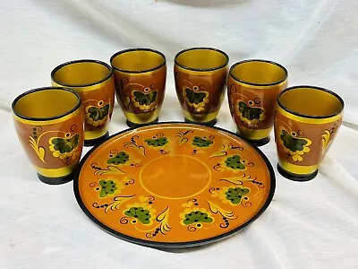 Vintage USSR Khokhloma Lacquer Ware Six (6) Wooden Cups & Tray • $39.55