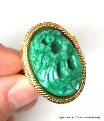 Vtg Ring SIGNED AVON Perfume Locket Green Glass Gold Tone SIZE 7 Jewelry Lot I • $3.25