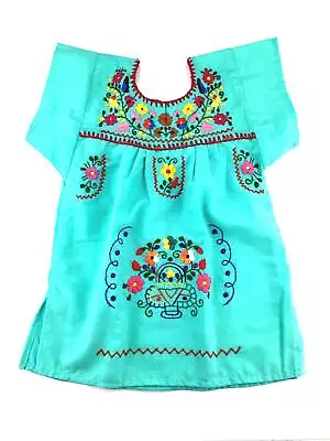Mexican Artisans Mexican Infant Dress Hot Mint Blue Size 0 Tehuacan Dress Day Of • $7.99
