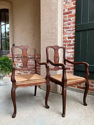 PAIR Antique French Country Carved Oak Dining ARM Chair Rush Seat Set Of 2 • $1680