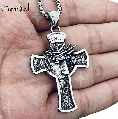 MENDEL Mens Stainless Steel Jesus Christ Face Crucifix Cross Pendant Necklace • $11.79