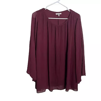 Max Studio Blouse Women's 1X Maroon Sheer 3/4 Sleeve Pleated Sheer • $7.20