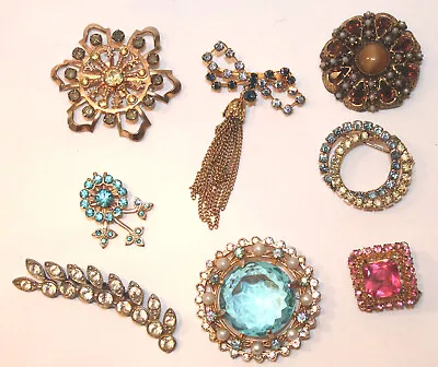 Lot Of 8 Vintage Brooches Pins Rhinestone Costume Jewelry • $20