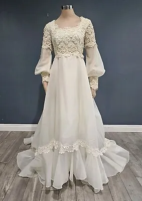 Vintage 70s Victorian Edwardian Inspired Ivory Lace Organza Wedding Dress XS/S • $129.99