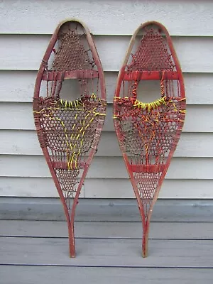 Really Great Vintage Old Red Wooden Handmade Snowshoes 37  Long X 11  Wide • $59.99