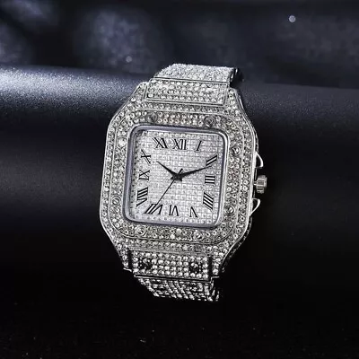 Mens Luxury Silver Plated Stainless Steel Bling Simulated Diamond Bracelet Watch • $19.99